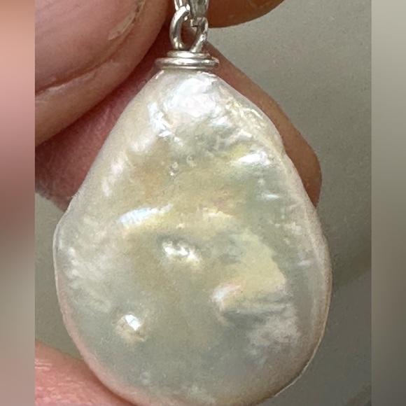White Cultured Teardrop Coin Pearl on 925 Silver Chain - 16 or 18 Inches - Picture 4 of 11